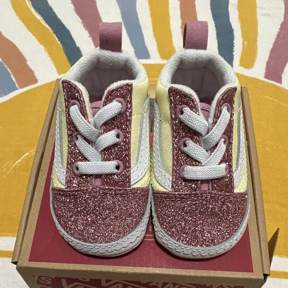 VANS Old Skool Crib Glitter Pink/Yellow/White Lace Up US 2 EU 17 MPN